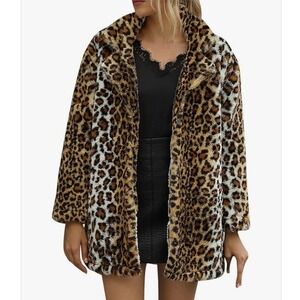 LANSHIFEI Leopard Animal Print Faux Fur Coat Brown Mid Length Womens Sz L